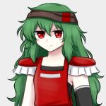  1other androgynous black_undershirt brown_headband closed_mouth elbow_gloves fox10991 gloves green_hair headband len&#039;en long_hair reactivate_majestical_imperial red_eyes red_shirt shirt shoulder_pads smile taira_no_fumikado very_long_hair white_background 