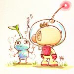  1boy alien backpack bag big_nose black_eyes blue_skirt brown_hair cold commentary_request from_behind gloves grass helmet highres ice ice_pikmin leaf looking_at_another no_mouth olimar pikmin_(creature) pikmin_(series) pikmin_4 pointy_ears radio_antenna red_bag red_gloves red_light shadow short_hair signature skirt space_helmet spacesuit sparkle traditional_media translation_request very_short_hair watercolor_pencil_(medium) whistle yamato_koara 