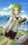  1girl absurdres ahoge black_shorts blue_sky book closed_mouth clouds day elf green_hair highres holding holding_book hood hooded_jacket jacket konbanwa01 mountain mushoku_tensei outdoors pointy_ears red_eyes shirt shorts sky smile solo standing sylphiette_(mushoku_tensei) white_jacket white_shirt 