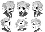  1girl 4shi ? commentary_request dango-chan_(4shi) double_bun drooling greyscale hair_bun highres looking_ahead looking_to_the_side looking_up monochrome monster_girl open_mouth open_smile original sailor_collar short_hair smile translation_request 