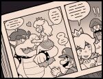  ! !! 1girl 2boys :d ayyk92 blush bowser crown dress facial_hair gloves greyscale hat heart looking_at_another manga_(object) mario monochrome multiple_boys mustache princess_peach puffy_short_sleeves puffy_sleeves short_sleeves smile super_mario_bros. 