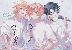  2023 3boys black_hair blue_hair dated hand_tattoo highres holding holding_microphone itsuki_(paradox_live) looking_at_viewer microphone miya_(38magical) miyama_kei multicolored_hair multiple_boys neck_tattoo orange_eyes orange_hair paradox_live phantometal_(paradox_live) pink_hair red_eyes rokuta_(paradox_live) short_hair tattoo v 