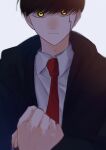  1boy absurdres black_hair black_robe clenched_hand collared_shirt expressionless grey_background highres long_sleeves mash_burnedead mashle necktie red_necktie robe shi_ota_(noko_take_t) shirt short_hair simple_background solo upper_body white_shirt yellow_eyes 