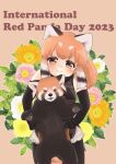  1girl absurdres animal bare_shoulders brown_eyes brown_hair elbow_gloves flower gloves highres kemono_friends kuromitsu_(9633_kmfr) lesser_panda_(kemono_friends) long_hair looking_at_viewer multicolored_hair pantyhose red_panda red_panda_ears red_panda_girl red_panda_tail shorts sleeveless smile sweater 