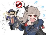  2girls absurdres atf award_ribbon baton_(weapon) belt_pouch blazer blonde_hair blowing_whistle blue_headwear blue_jacket blue_skirt blush brown_sweater_vest chasing clenched_hands commentary crying dsx english_commentary fingerless_gloves flying_sweatdrops girls_frontline gloves grey_scarf gun gun_sling hair_ornament hand_up hat highres holding holding_weapon jacket light_brown_hair long_hair long_sleeves meme miniskirt multiple_girls necktie no_pupils nose_blush notice_lines open_mouth peaked_cap pleated_skirt police police_uniform policewoman pouch red_eyes red_gloves red_necktie running scarf shoulder_stock simple_background single_horizontal_stripe sketch skirt sp9_(girls&#039;_frontline) speed_lines spoken_no_symbol spoken_object streaming_tears stribog_sp9 sunglasses super-shorty_(girls&#039;_frontline) sweater_vest tears two_side_up uniform v-shaped_eyebrows wavy_mouth weapon whistle white_background 