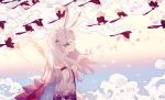  1girl animal_ears bird blowing closed_eyes clouds cupping_hands hair_ornament highres long_hair original own_hands_together petals rabbit_ears shigeru_do_dai_ga_cha sky solo 