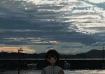  1girl absurdres black_eyes black_hair boat clouds cloudy_sky evening harbor highres jacket looking_at_viewer mountainous_horizon ocean original outdoors power_lines scenery short_hair sky solo uniunimikan utility_pole watercraft white_jacket 