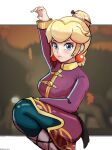  1girl arm_up blonde_hair blue_eyes breasts chinese_clothes cowboy_shot earrings eyeshadow fighting_stance hair_bun highres jewelry knees_up kung_fu_master_peach looking_at_viewer makeup medium_breasts official_alternate_costume official_alternate_hairstyle princess_peach princess_peach:_showtime! red_eyeshadow signature solo super_mario_bros. thedarkestuno 