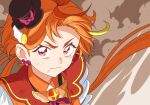  1boy bow cure_wing dokushibuki dust floating_hair hat hat_bow hirogaru_sky!_precure low_ponytail magical_boy mini_hat mini_top_hat multicolored_hair orange_hair orange_shirt precure red_eyes serious shirt short_hair solo solo_focus top_hat upper_body yuunagi_tsubasa 