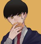  1boy black_hair black_robe collared_shirt cream_puff eating food hand_up long_sleeves mash_burnedead mashle necktie orange_background orange_eyes portrait red_necktie robe shi_ota_(noko_take_t) shirt short_hair simple_background solo 