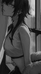  1girl bare_shoulders black_hair collared_shirt commentary_request crop_top from_side fur_trim greyscale hair_between_eyes highres looking_to_the_side monochrome namahamu913 original shirt window windowsill 