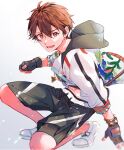  1boy black_gloves black_hood brown_eyes brown_hair commentary_request drawstring ensemble_stars! fingerless_gloves full_body gloves hood hood_down hooded_jacket jacket jewelry male_focus midriff morisawa_chiaki navel necklace open_mouth s_minoru short_hair shorts solo white_footwear 