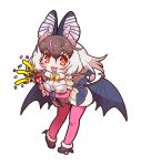  1girl animal_ears bat_ears bat_girl bat_wings brown_eyes brown_hair brown_long-eared_bat_(kemono_friends) elbow_gloves extra_ears fingerless_gloves gloves grey_hair highres kemono_friends kemono_friends_v_project leotard long_hair looking_at_viewer microphone mugise_hitsuji pantyhose party_popper shoes simple_background skirt solo virtual_youtuber wings 