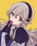  1girl armor black_hairband blue_cape cape closed_mouth commentary_request corrin_(female)_(fire_emblem) corrin_(fire_emblem) fire_emblem fire_emblem_fates grey_hair hair_between_eyes hairband heart highres holding juliet_sleeves long_hair long_sleeves looking_at_viewer pointy_ears puffy_sleeves red_eyes roroichi short_hair simple_background smile solo very_short_hair wavy_hair yellow_background 