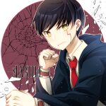  1boy black_hair black_robe clenched_hands closed_mouth collared_shirt copyright_name highres long_sleeves looking_at_viewer male_focus mash_burnedead mashle necktie red_necktie robe shirt short_hair solo stray0641071225 yellow_eyes 