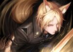  1boy animal_ear_fluff animal_ears arknights black_coat black_pants blonde_hair blue_shirt closed_mouth coat highres holding holding_sword holding_weapon horse_boy horse_ears horse_tail imone_illust male_focus mlynar_(arknights) pants shirt short_hair solo sword tail weapon yellow_eyes 