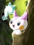  :d alternate_color aruco_co black_eyes commentary_request facing_away highres leaf looking_ahead moss no_humans open_mouth outdoors pachirisu pokemon pokemon_(creature) shiny_pokemon smile tree tree_hollow 