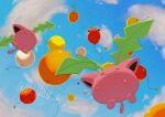  balloon blue_sky closed_eyes closed_mouth clouds commentary_request day english_text flying from_below full_body gyura highres hoppip leaf no_humans outdoors pokemon pokemon_(creature) signature sky smile 