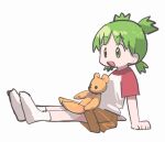 1girl :d arm_support brown_shorts buttergirl_02 commentary_request from_side full_body green_eyes green_hair koiwai_yotsuba open_mouth quad_tails raglan_sleeves shirt short_hair short_sleeves shorts simple_background sitting smile socks solo stuffed_animal stuffed_toy t-shirt teddy_bear white_background white_socks yotsubato! 