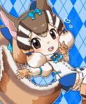  1girl animal_ears blue_background boots brown_eyes brown_hair chipmunk_ears chipmunk_girl chipmunk_tail extra_ears gloves highres kemono_friends kemono_friends_v_project looking_at_viewer microphone mugise_hitsuji ribbon shirt short_hair shorts siberian_chipmunk_(kemono_friends) simple_background solo tail vest virtual_youtuber 