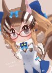  1girl animal_ears brown_eyes brown_hair chipmunk_ears chipmunk_girl chipmunk_tail extra_ears glasses gloves grey_background highres kemono_friends kemono_friends_v_project kneehighs looking_at_viewer microphone mugise_hitsuji ribbon shirt short_hair shorts siberian_chipmunk_(kemono_friends) simple_background socks solo tail vest virtual_youtuber 