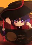  1girl absurdres black_headwear blush bowl bowl_hat closed_mouth hair_between_eyes hangaku_th hat highres in_bowl in_container japanese_clothes kimono long_sleeves looking_at_viewer pink_eyes purple_hair red_kimono short_hair smile solo sukuna_shinmyoumaru touhou wide_sleeves 