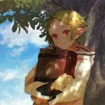  1girl artist_name blue_sky book closed_mouth clouds dappled_sunlight dated day elf green_hair holding holding_book hood hooded_jacket jacket kiyo_(a_sam_ko) looking_at_viewer mushoku_tensei outdoors pointy_ears red_eyes short_hair sky smile solo sunlight sylphiette_(mushoku_tensei) tree white_jacket 