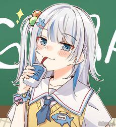  1girl blue_eyes blue_hair blue_necktie blush chalkboard character_name drink drinking drinking_straw gawr_gura gawr_gura_(school_uniform) highres holding holding_drink hololive hololive_english looking_at_viewer medium_hair mittsu multicolored_hair necktie sailor_collar short_sleeves side_ponytail smile solo star_(symbol) streaked_hair sweater_vest upper_body vest virtual_youtuber white_hair yellow_vest 