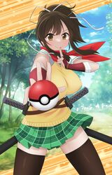  1girl asuka_(senran_kagura) black_hair breasts brown_eyes brown_hair hair_ribbon hanzou_academy_uniform kasumisometsuki large_breasts looking_at_viewer poke_ball pokemon ponytail red_scarf ribbon scarf senran_kagura short_hair short_ponytail smile solo sweater_vest sword thigh-highs wakizashi weapon white_ribbon 