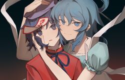  2girls blue_eyes blue_hair blue_shirt blush bright_pupils cheek-to-cheek closed_mouth collarbone hair_between_eyes hair_ornament hair_stick hand_on_another&#039;s_cheek hand_on_another&#039;s_face hat hat_ornament head_hug heads_together highres kaku_seiga long_hair looking_at_viewer miyako_yoshika multiple_girls ofuda parted_lips purple_headwear red_shirt shijiu770 shirt short_hair short_sleeves smile split_mouth star_(symbol) star_hat_ornament touhou upper_body white_pupils 