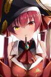  1girl absurdres blush breasts choumei_(qca012005) food hair_ribbon hat heterochromia highres hololive houshou_marine houshou_marine_(1st_costume) pirate_hat pocky pocky_kiss red_eyes redhead ribbon virtual_youtuber yellow_eyes 