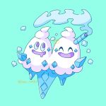  blue_background closed_eyes drooling food frost ham_umiko happy ice ice_cream mouth_drool no_humans open_mouth pokemon signature simple_background smile solo twitter_username vanilluxe violet_eyes 