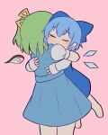  2girls blue_bow blue_dress blue_hair bow cevio cirno closed_eyes commentary crying daiyousei detached_wings dress english_commentary fairy_wings ferdy&#039;s_lab green_hair hair_bow highres hug ice ice_wings kyu-kurarin_(cevio) long_sleeves multiple_girls parody pink_background short_hair short_sleeves side_ponytail simple_background touhou variant_set wings 