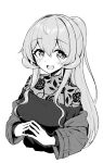 1girl blush gotland_(kancolle) greyscale hair_between_eyes highres kantai_collection long_hair long_sleeves looking_at_viewer mole mole_under_eye monochrome official_alternate_costume open_mouth sakikumo_(sakumo) simple_background smile solo upper_body white_background 