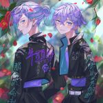  2boys absurdres aqua_hair black_jacket black_pants brothers cozmez_(paradox_live) earrings flower hair_bun highres jacket jewelry leaf male_focus miya_(38magical) multicolored_hair multiple_boys pants paradox_live phantometal_(paradox_live) purple_hair purple_shirt red_flower red_petals shirt short_hair siblings twins twitter_username violet_eyes yatonokami_kanata yatonokami_nayuta 