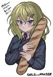  1girl baguette bc_freedom_school_uniform blonde_hair blue_eyes blue_sweater blush bread closed_mouth commentary_request copyright_name dress_shirt food girls_und_panzer hair_between_eyes hair_ornament hairpin highres holding long_sleeves looking_at_viewer machishita_atake medium_hair necktie oshida_(girls_und_panzer) pout school_uniform shirt simple_background solo striped_necktie sweater white_background white_shirt 