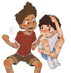  2boys alberto_scorfano bandages brown_hair child clenched_hand commentary dark-skinned_male dark_skin denim denim_shorts english_commentary green_eyes hand_in_own_hair hand_on_another&#039;s_shoulder implied_yaoi koinotea looking_at_another luca_(pixar) luca_paguro male_focus multiple_boys shirt short_sleeves shorts socks teeth white_shirt white_socks 