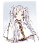  1girl blush capelet closed_mouth commentary_request earrings elf frieren gradient_background grey_background grey_hair highres jewelry light_smile long_hair looking_at_viewer pointy_ears solo sousou_no_frieren takanashi_kei_(hitsujikan) upper_body white_capelet 