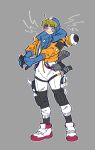  1girl animification apex_legends blonde_hair blue_bodysuit blue_eyes blue_gloves bmori bodysuit cable full_body gloves grey_background highres hood hood_down hood_up hooded_bodysuit hooded_jacket jacket knee_pads looking_to_the_side notice_lines orange_jacket scar scar_on_cheek scar_on_face shoes smile sneakers solo stretching wattson_(apex_legends) white_bodysuit white_footwear 