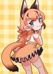  1girl absurdres animal_ears blue_eyes bow bowtie caracal_(kemono_friends) cat_ears cat_girl cat_tail elbow_gloves extra_ears gloves highres kemono_friends kemono_friends_v_project kneehighs long_hair looking_at_viewer microphone mugise_hitsuji orange_hair shirt simple_background skirt sleeveless sleeveless_shirt socks solo tail virtual_youtuber yellow_background 