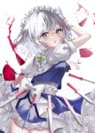  1girl blue_eyes blue_skirt blue_vest blush cowboy_shot cup drinking_glass frilled_skirt frills grey_hair hair_between_eyes izayoi_sakuya knife looking_at_viewer maid maid_headdress open_mouth sakizaki_saki-p shirt short_hair short_sleeves simple_background skirt solo touhou vest white_background white_shirt wine_glass 