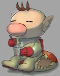  1boy alien backpack bag bean_bag_chair big_nose brown_hair chopsticks closed_eyes commentary_request cup gloves grey_background holding holding_chopsticks holding_cup isibatamako male_focus no_headwear olimar parted_lips pikmin_(series) pink_nose pointy_ears ramen red_bag red_gloves shadow short_hair sitting spacesuit steam very_short_hair 
