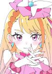  1girl blonde_hair blush commentary_request cure_butterfly fingernails hijiri_ageha hirogaru_sky!_precure interlocked_fingers ixy long_hair looking_at_viewer magical_girl multicolored_hair orange_hair pink_eyes precure simple_background smile solo streaked_hair upper_body white_background 