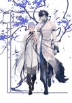  2boys animal_ear_fluff animal_ears artist_name bishounen black-framed_eyewear black_hair black_pants body_fur braid bug butterfly butterfly_on_hand changpao chinese_clothes chinese_text closed_mouth falling_petals full_body furry furry_male glasses grey_fur hand_up height_difference highres kinsatsu_(grizzled) long_hair long_sleeves looking_at_another looking_at_viewer low_ponytail male_focus mandarin_collar multiple_boys orange_eyes original pants parted_lips petals purple_hair round_eyewear see-through short_hair short_hair_with_long_locks side_slit sleeveless tail very_long_hair violet_eyes walking white_background wolf_boy wolf_ears wolf_tail 