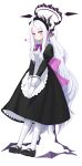  1girl absurdres ahoge alternate_costume apron black_footwear blue_archive commentary_request demon_girl demon_horns demon_wings enmaided forehead frilled_apron frills full_body gloves hair_ornament hairclip halo highres hina_(blue_archive) horns inapple long_hair long_sleeves looking_at_viewer maid maid_apron maid_headdress mary_janes pantyhose parted_bangs ponytail shoes sidelocks simple_background solo standing v_arms violet_eyes wavy_hair white_apron white_background white_gloves white_hair white_pantyhose wings 
