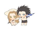  1boy 1girl aerith_gainsborough barefoot bikini black_shorts blue_eyes blush chibi closed_mouth commentary cross_scar duoj_ji final_fantasy final_fantasy_vii final_fantasy_vii_ever_crisis full_body green_eyes hair_pulled_back hand_on_own_hip hat highres holding holding_umbrella holding_weapon long_hair official_alternate_costume parted_bangs pink_bikini sandals scar scar_on_cheek scar_on_face shorts smile spiky_hair standing stomach straw_hat swimsuit symbol-only_commentary topless_male twitter_username umbrella weapon white_background zack_fair 