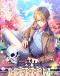  1boy belt black_belt blonde_hair blue_shirt board_game brown_jacket carpet cherry_blossoms chess chess_piece chessboard collared_shirt copyright day falling_petals feet_out_of_frame flower grass hair_over_one_eye holding holding_chess_piece jacket lens_flare looking_at_viewer male_focus official_art open_clothes open_collar open_jacket outdoors pants parted_lips petals pink_flower shirt sid_story sila_(carpen) sitting skull solo white_pants yellow_eyes 