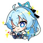  1girl ahoge bare_shoulders blue_eyes blue_hair blush braid chibi detached_sleeves english_commentary fingerless_gloves gloves hair_between_eyes hair_ornament heart honkai_(series) honkai_impact_3rd light_blue_hair long_hair official_art one_eye_closed shigure_kira smile solo star_(symbol) transparent_background upper_body 