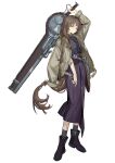  1girl absurdres al3x_alex arm_out_of_sleeve arm_up black_socks brown_eyes brown_hair full_body highres holding holding_weapon jacket long_hair original purple_footwear simple_background socks solo weapon white_background 