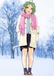  1girl :d ahoge alternate_costume bare_tree black_skirt elf green_hair highres looking_at_viewer mizumori_keiichi mushoku_tensei open_mouth outdoors pink_scarf pointy_ears red_eyes scarf short_hair skirt smile snow solo standing sylphiette_(mushoku_tensei) tree winter_clothes 